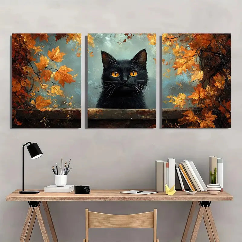 3pcs Black Cat & Autumn Leaves Triptych In Warm Metal Print Ready to Hang Art - Bella Home Decor