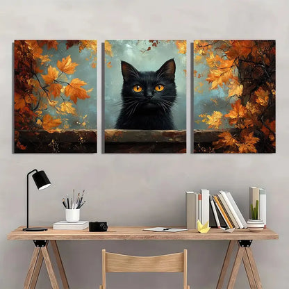 3pcs Black Cat & Autumn Leaves Triptych In Warm Metal Print Ready to Hang Art - Bella Home Decor
