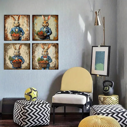 4pcs  Rabbit in Blue Suit & Carrot Basket UY    Wall Art Canvas Framed