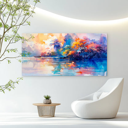 Vibrant Autumn Lake Scene Wall Art Canvas Office Home Room Framed 120x60cm