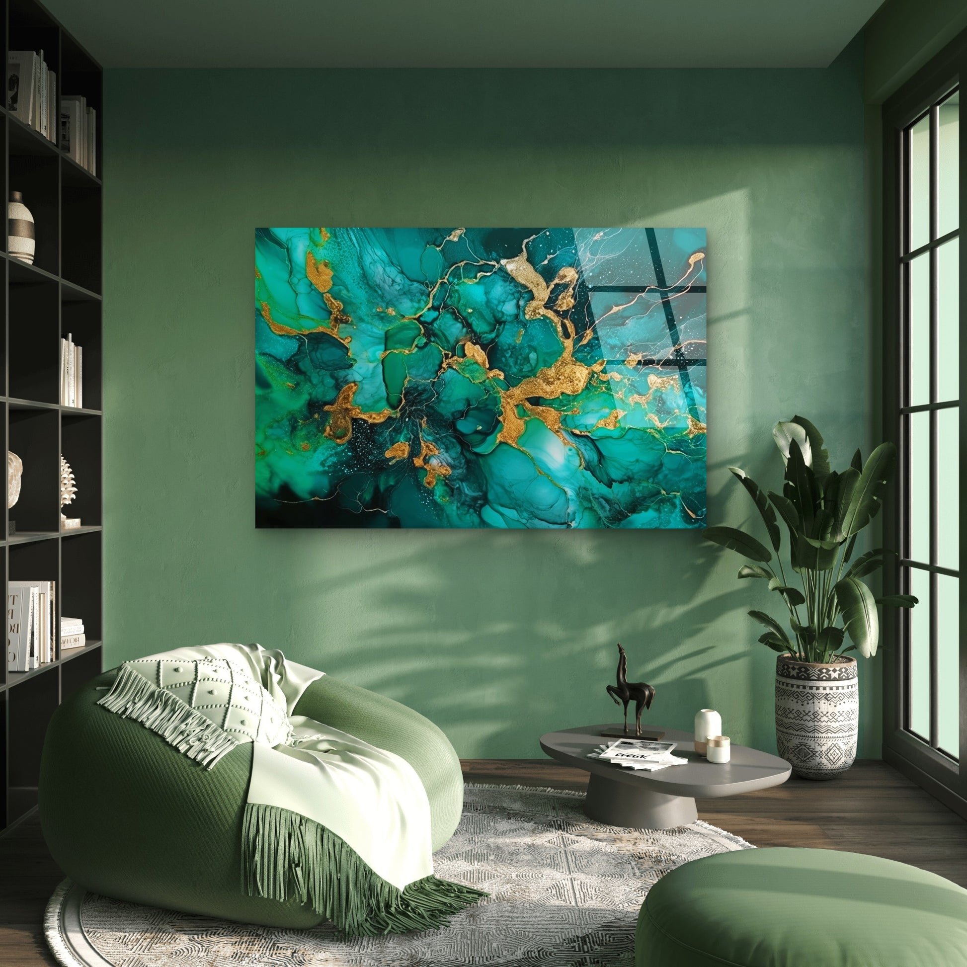 Green Gold Abstract Fluid Ink Painting Acrylic Glass Printing Wall Art Australian Made Quality