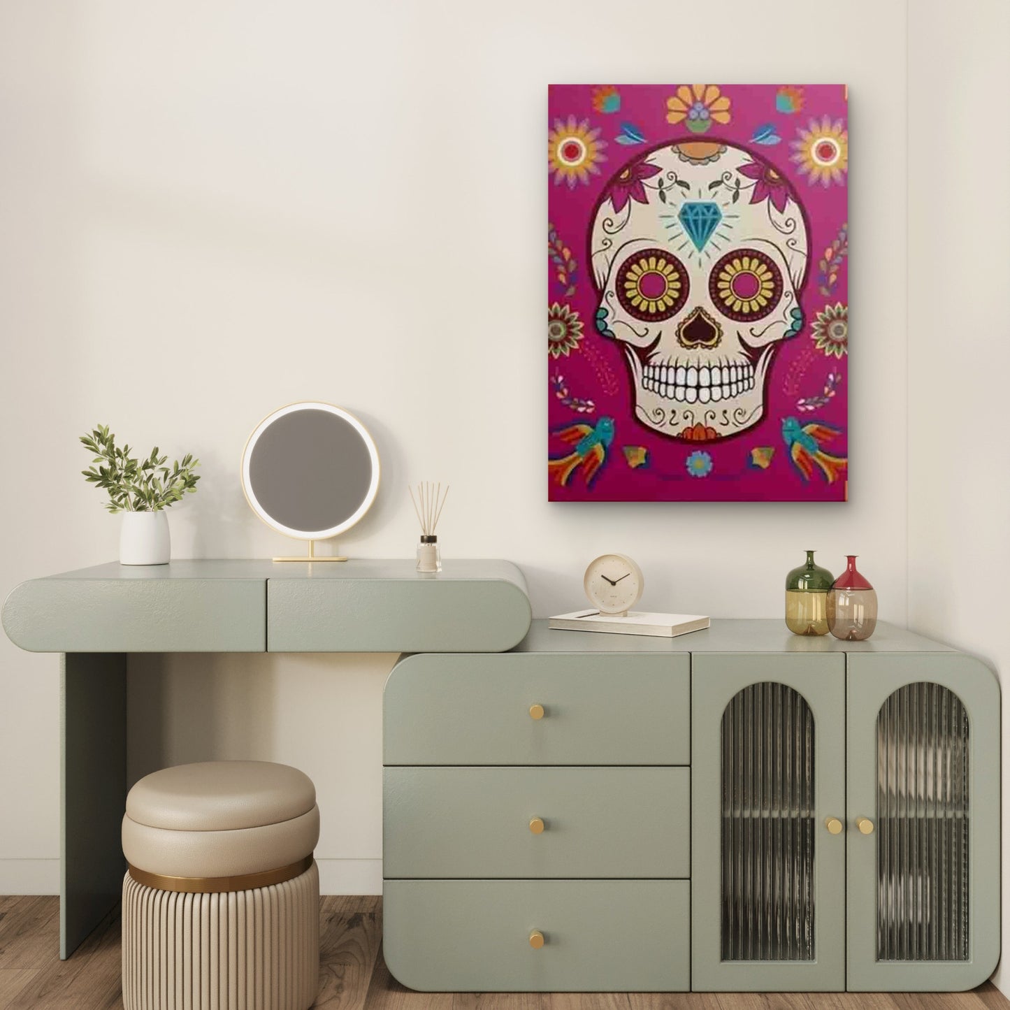 Colorful Sugar Skull with Floral Pattern Metal Print Ready to Hang - Bella Home Decor