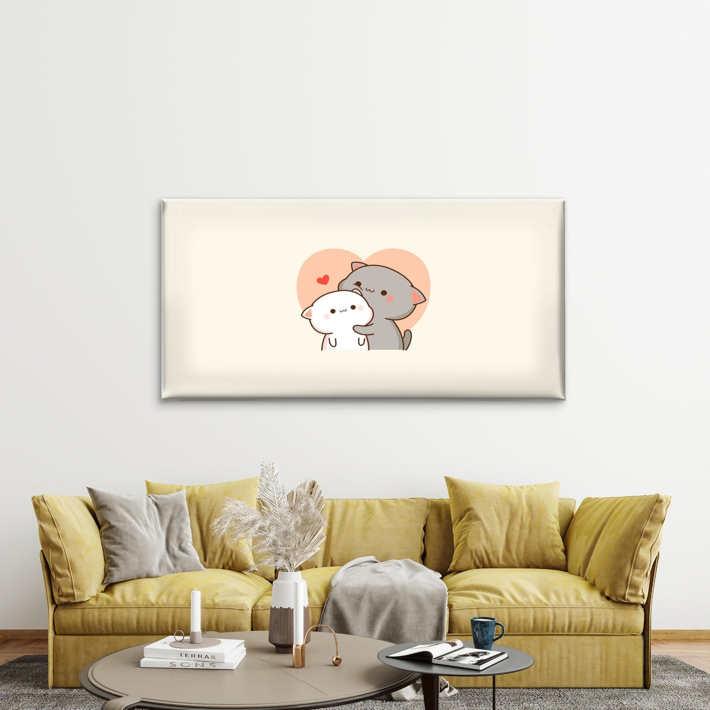 Hugging Cats Pastel Pink Heart Wall Art Canvas Office Home Room Framed 120x60cm