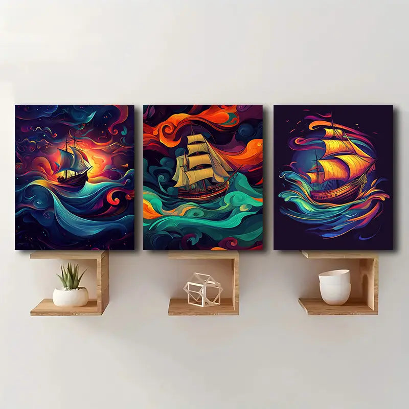 3pcs Vibrant Sailing Ships Metal Print Ready to Hang Art