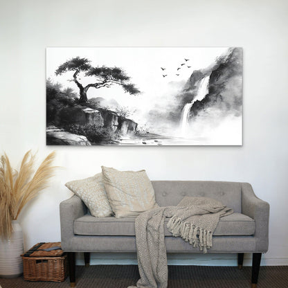Misty Mountain Waterfall Scene Wall Art Canvas Office Home Room Framed 120x60cm