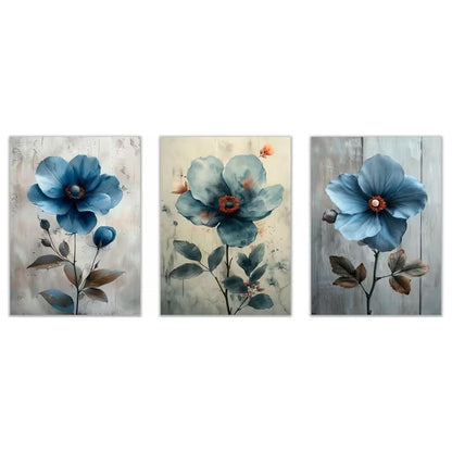 3pcs Modern Bohemian Blue And Gray Flowers  Wall Art Set Canvas Framed 40x60cm - High Quality Print 100% Australian Made Wall Canvas Ready to Hang