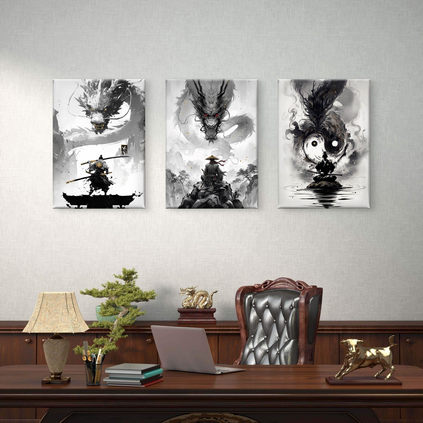 3pcs Samurai Warrior Black Ink Dragon Yin Yang  Wall Art Set Canvas Framed 60x90cm - High Quality Print 100% Australian Made Wall Canvas Ready to Hang