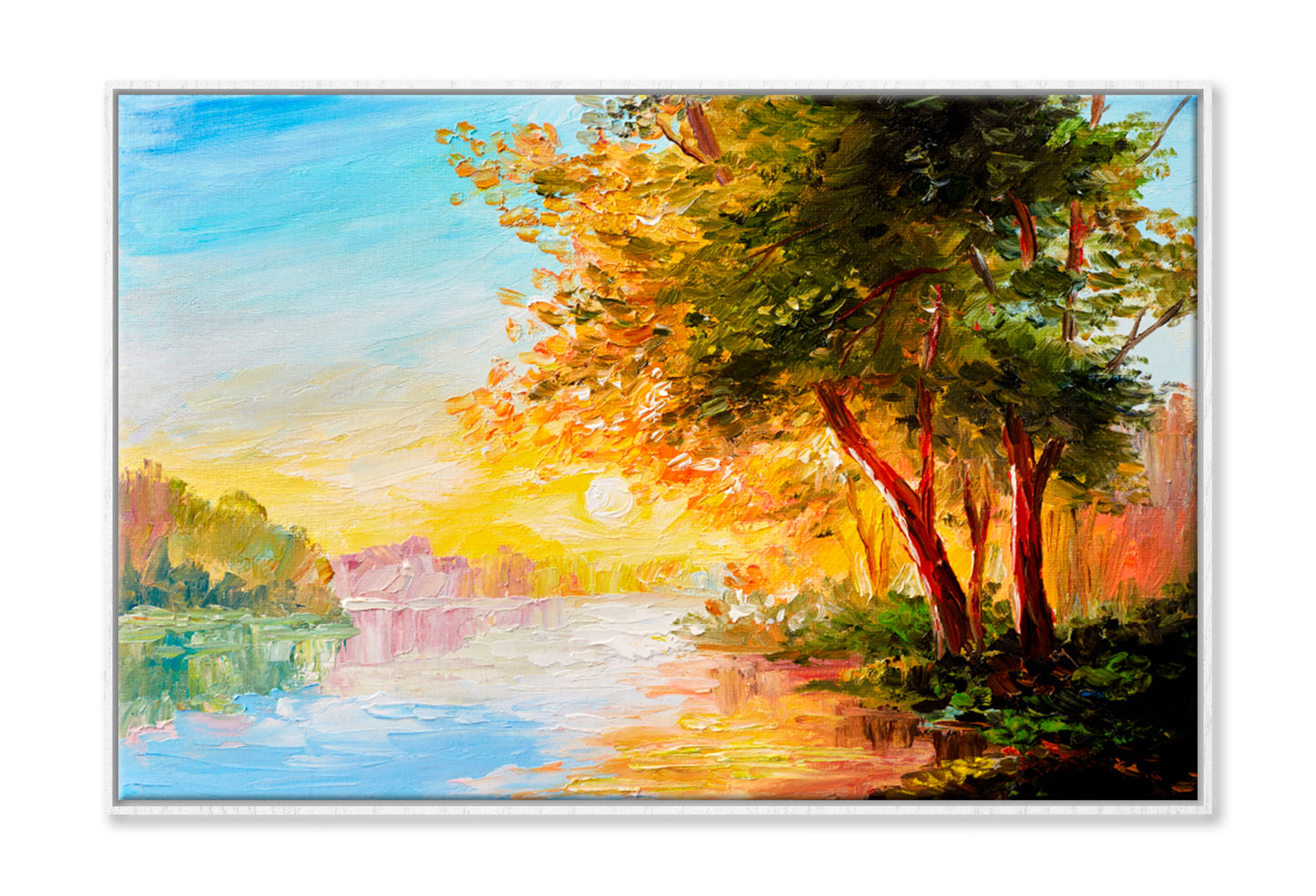 River In The Spring Forest With Sunset Oil Painting Wall Art Limited Edition High Quality Print Canvas Box Framed White