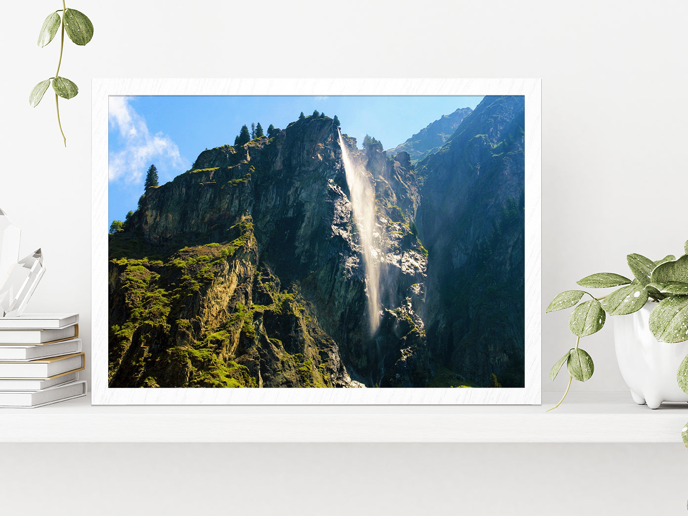 Waterfall In Mauvoisin Valley Glass Framed Wall Art, Ready to Hang Quality Print Without White Border White