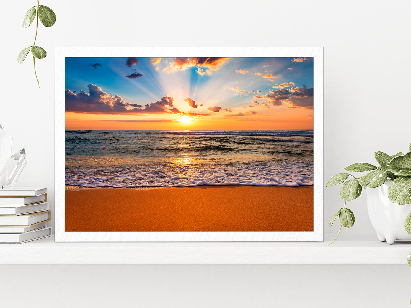 Colorful Ocean Beach Sunrise Glass Framed Wall Art, Ready to Hang Quality Print Without White Border White