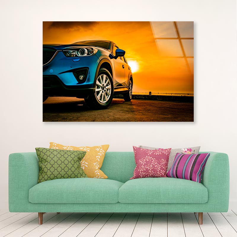 Blue Mazda SUV Parked on A Beach Acrylic Glass Print Tempered Glass Wall Art 100% Made in Australia Ready to Hang