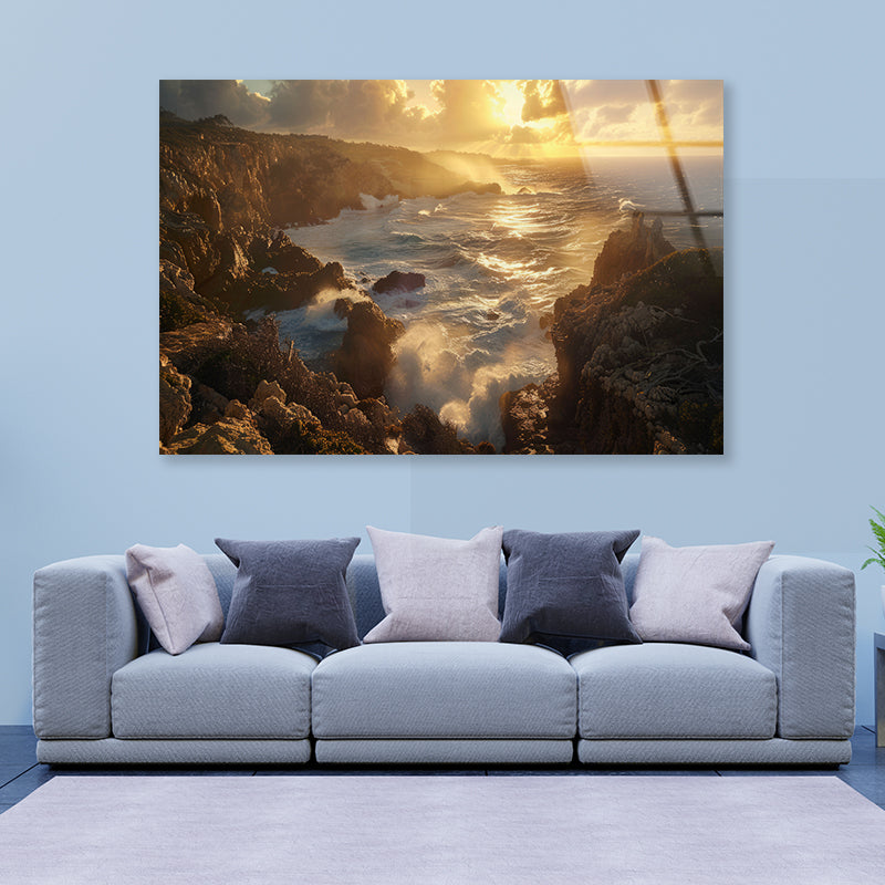 Rocky Coastline, Clouds & Mountains Acrylic Glass Print Tempered Glass Wall Art 100% Made in Australia Ready to Hang - Bella Home Decor