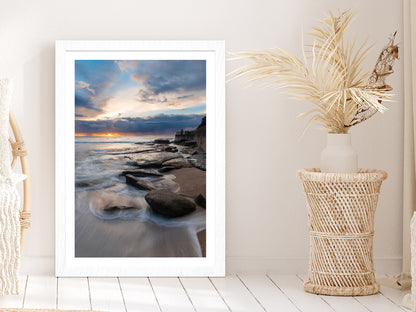 Sea Coastal & Rocks with Cloudy Sky View Photograph Glass Framed Wall Art, Ready to Hang Quality Print With White Border White