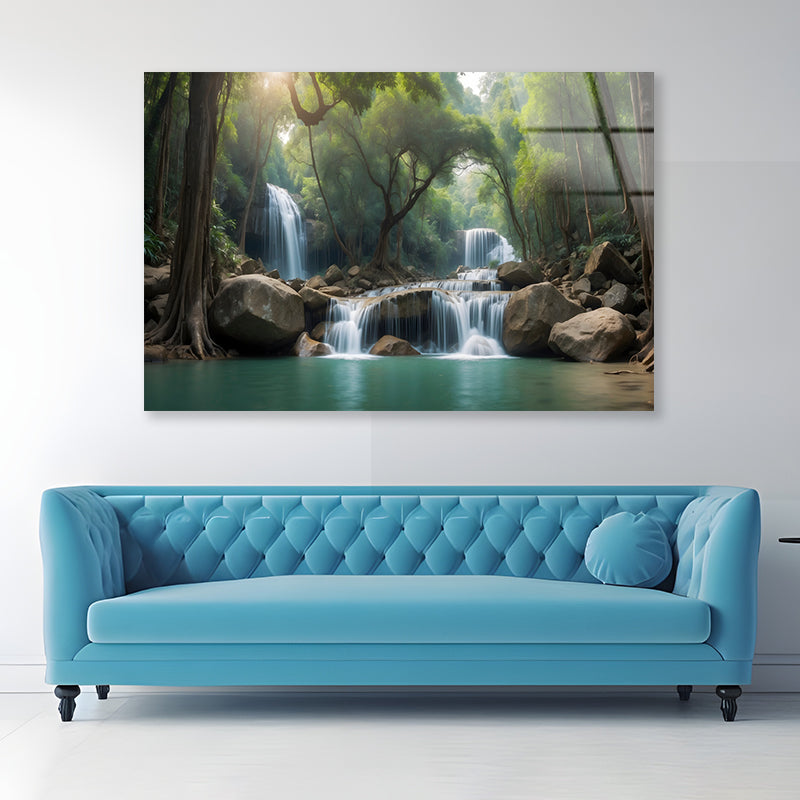 Waterfall in a Forest Acrylic Glass Print Tempered Glass Wall Art 100% Made in Australia Ready to Hang - Bella Home Decor