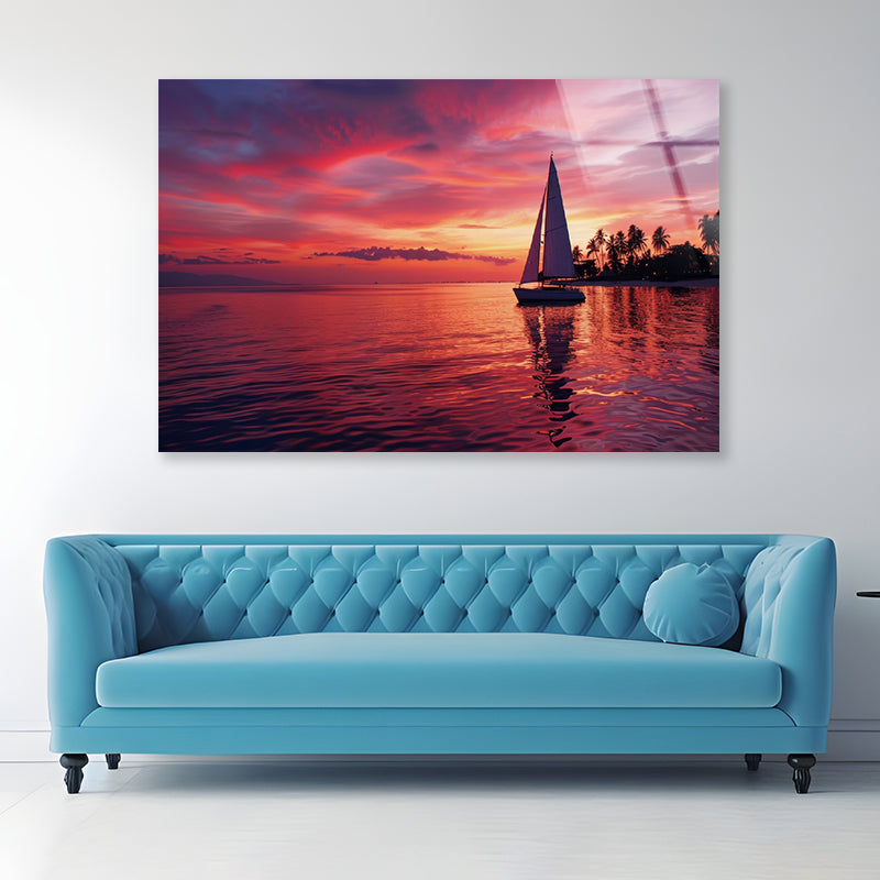Sailboat on the Water & Sunrise Acrylic Glass Print Tempered Glass Wall Art 100% Made in Australia Ready to Hang - Bella Home Decor
