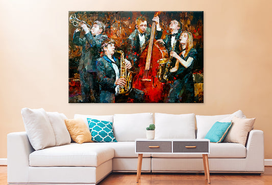 Jazz Band Playing Oil Painting Wall Art Decor 100% Australian Made