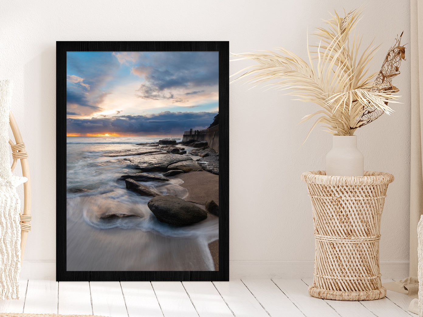 Sea Coastal & Rocks with Cloudy Sky View Photograph Glass Framed Wall Art, Ready to Hang Quality Print Without White Border Black