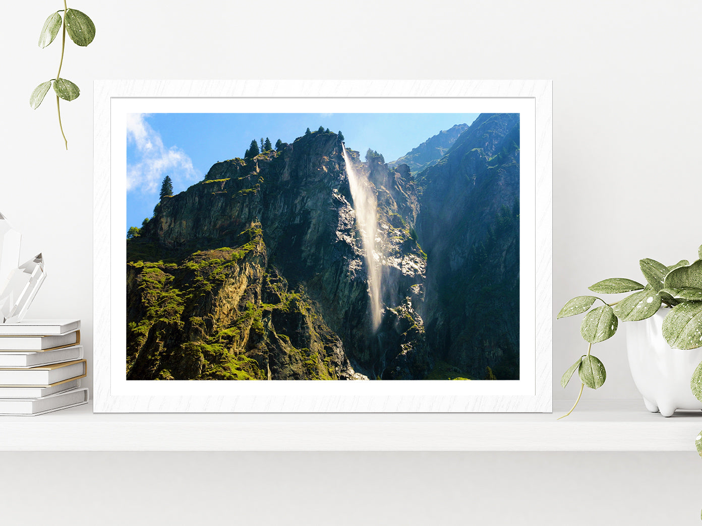 Waterfall In Mauvoisin Valley Glass Framed Wall Art, Ready to Hang Quality Print With White Border White