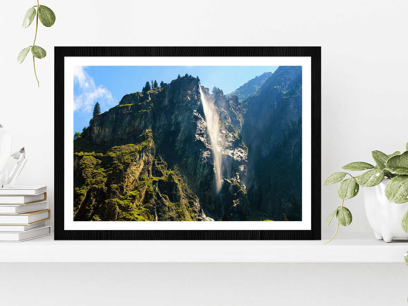 Waterfall In Mauvoisin Valley Glass Framed Wall Art, Ready to Hang Quality Print With White Border Black