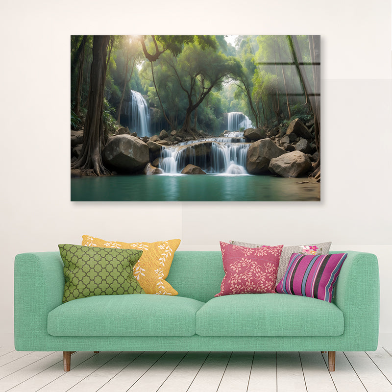 Waterfall in a Forest Acrylic Glass Print Tempered Glass Wall Art 100% Made in Australia Ready to Hang - Bella Home Decor