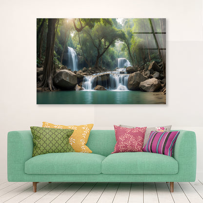 Waterfall in a Forest Acrylic Glass Print Tempered Glass Wall Art 100% Made in Australia Ready to Hang - Bella Home Decor