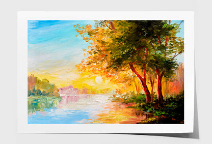 River In The Spring Forest With Sunset Oil Painting Wall Art Limited Edition High Quality Print Unframed Roll Canvas None