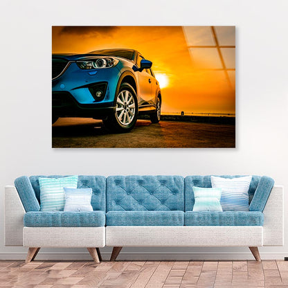 Blue Mazda SUV Parked on A Beach Acrylic Glass Print Tempered Glass Wall Art 100% Made in Australia Ready to Hang