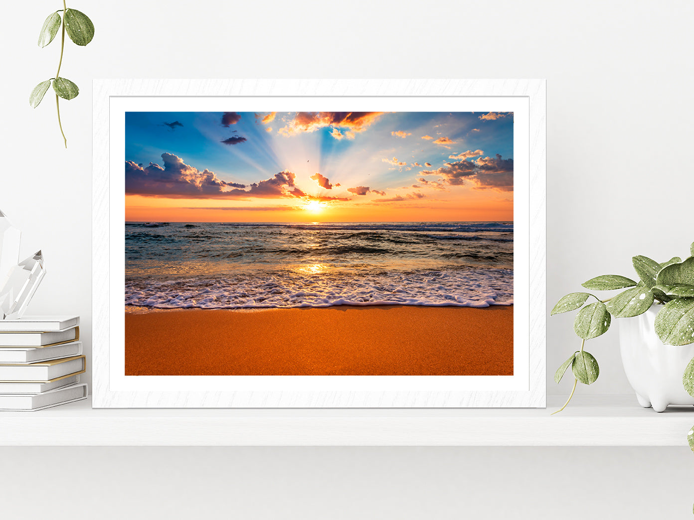 Colorful Ocean Beach Sunrise Glass Framed Wall Art, Ready to Hang Quality Print With White Border White