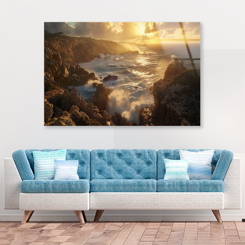 Rocky Coastline, Clouds & Mountains Acrylic Glass Print Tempered Glass Wall Art 100% Made in Australia Ready to Hang - Bella Home Decor