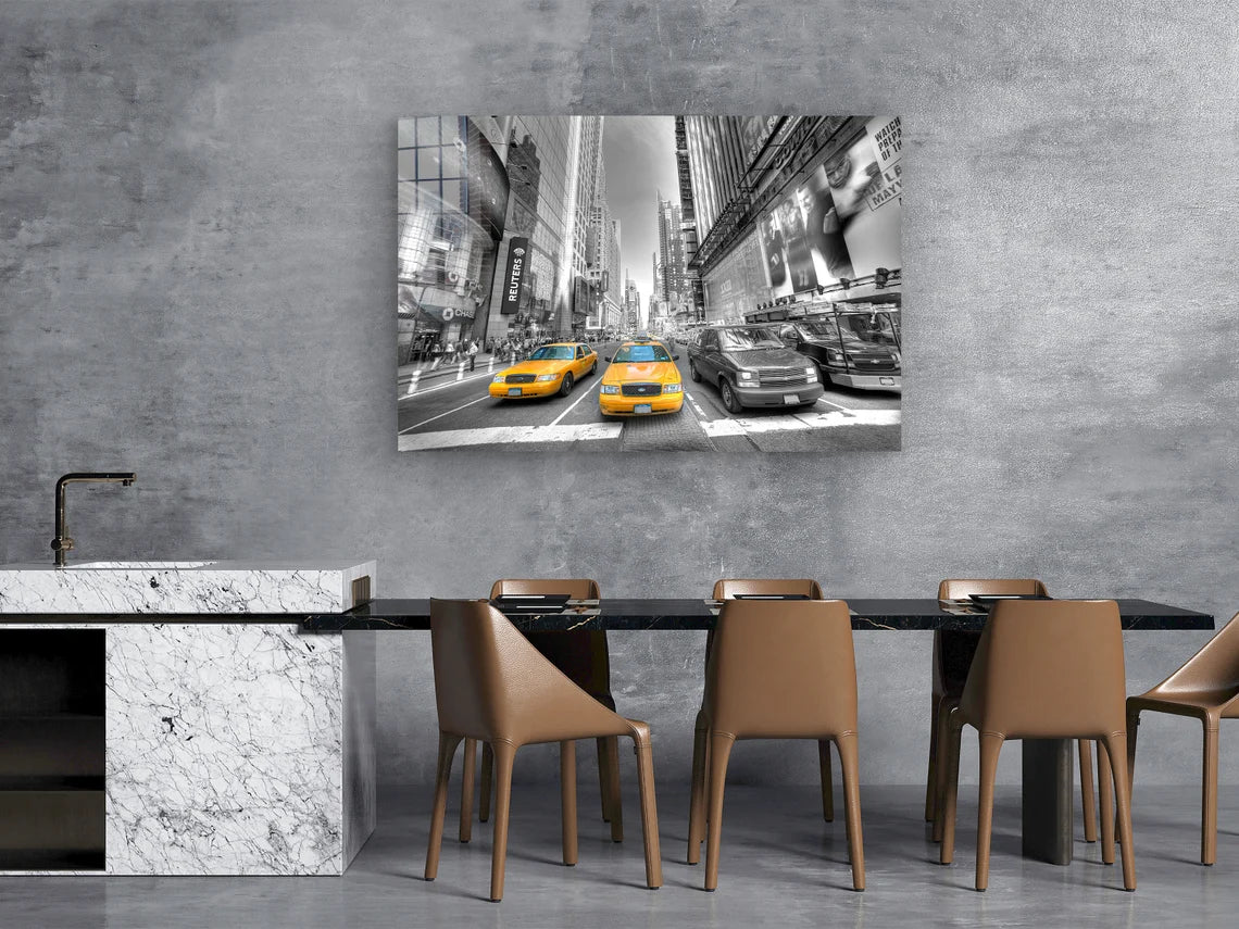 Yellow Taxi B&W City UV Direct Aluminum Print Australian Made Quality