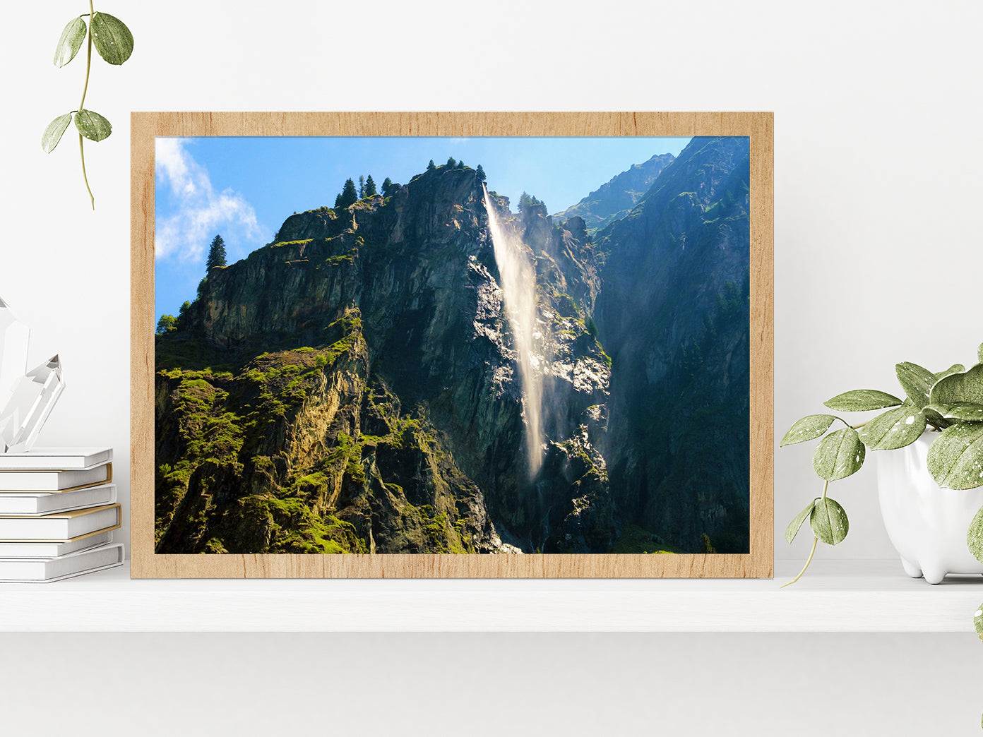 Waterfall In Mauvoisin Valley Glass Framed Wall Art, Ready to Hang Quality Print Without White Border Oak