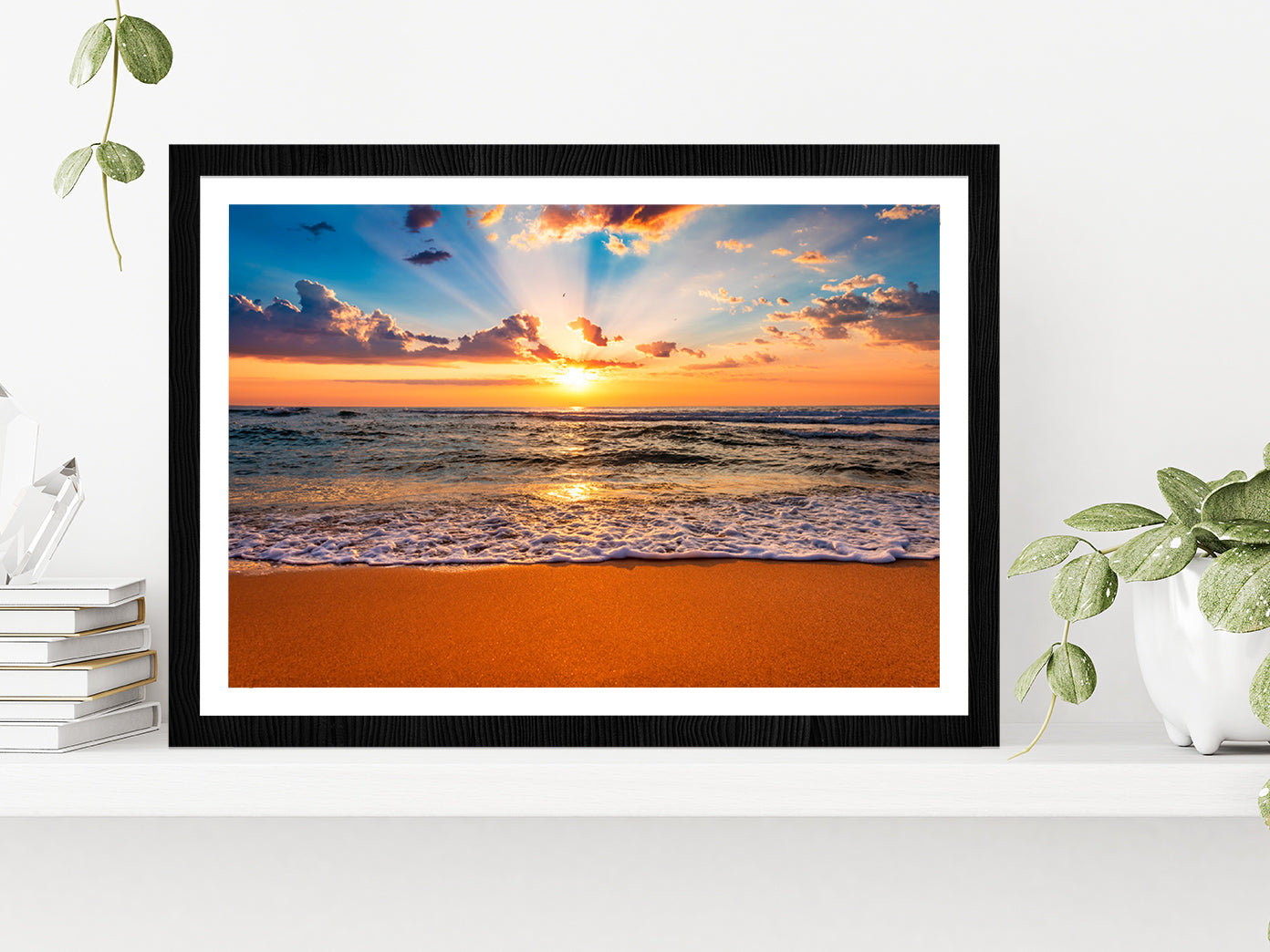 Colorful Ocean Beach Sunrise Glass Framed Wall Art, Ready to Hang Quality Print With White Border Black