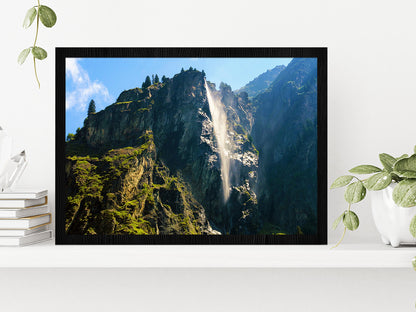 Waterfall In Mauvoisin Valley Glass Framed Wall Art, Ready to Hang Quality Print Without White Border Black