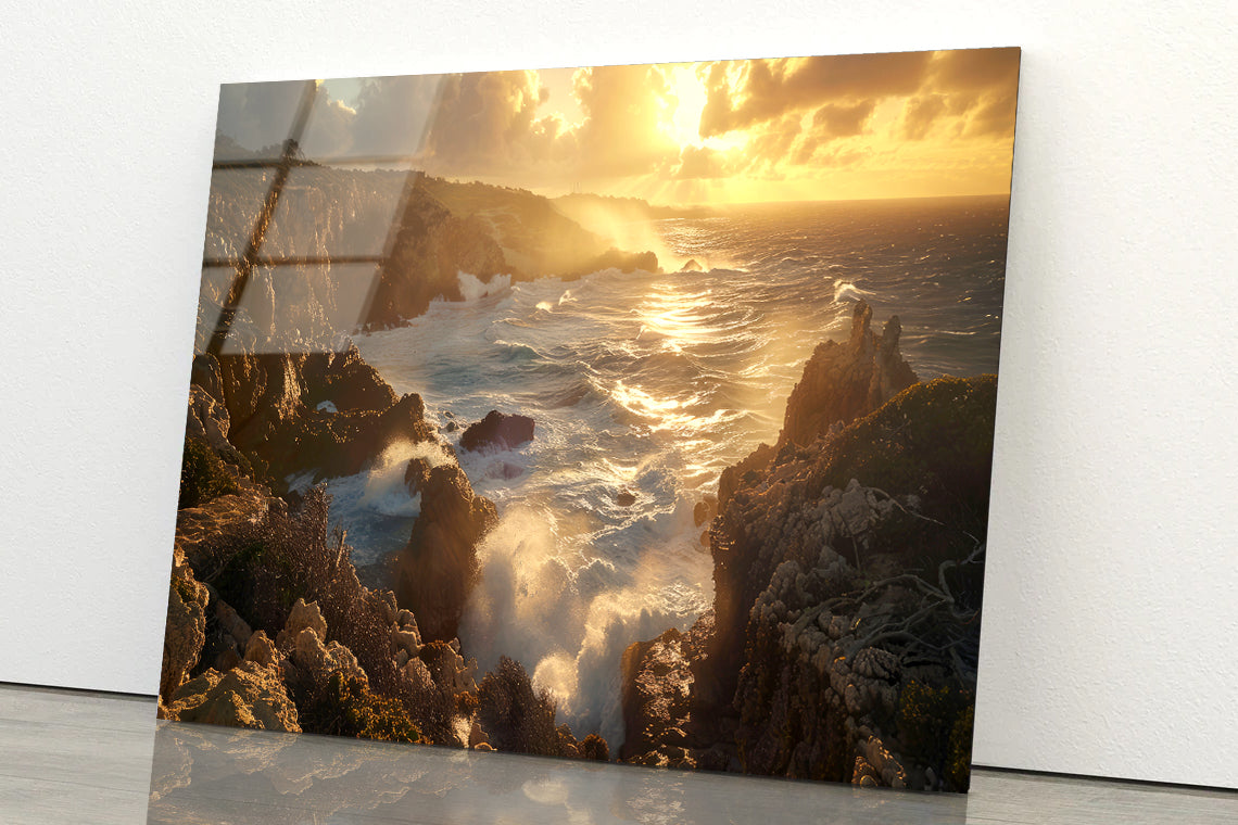 Rocky Coastline, Clouds & Mountains Acrylic Glass Print Tempered Glass Wall Art 100% Made in Australia Ready to Hang - Bella Home Decor