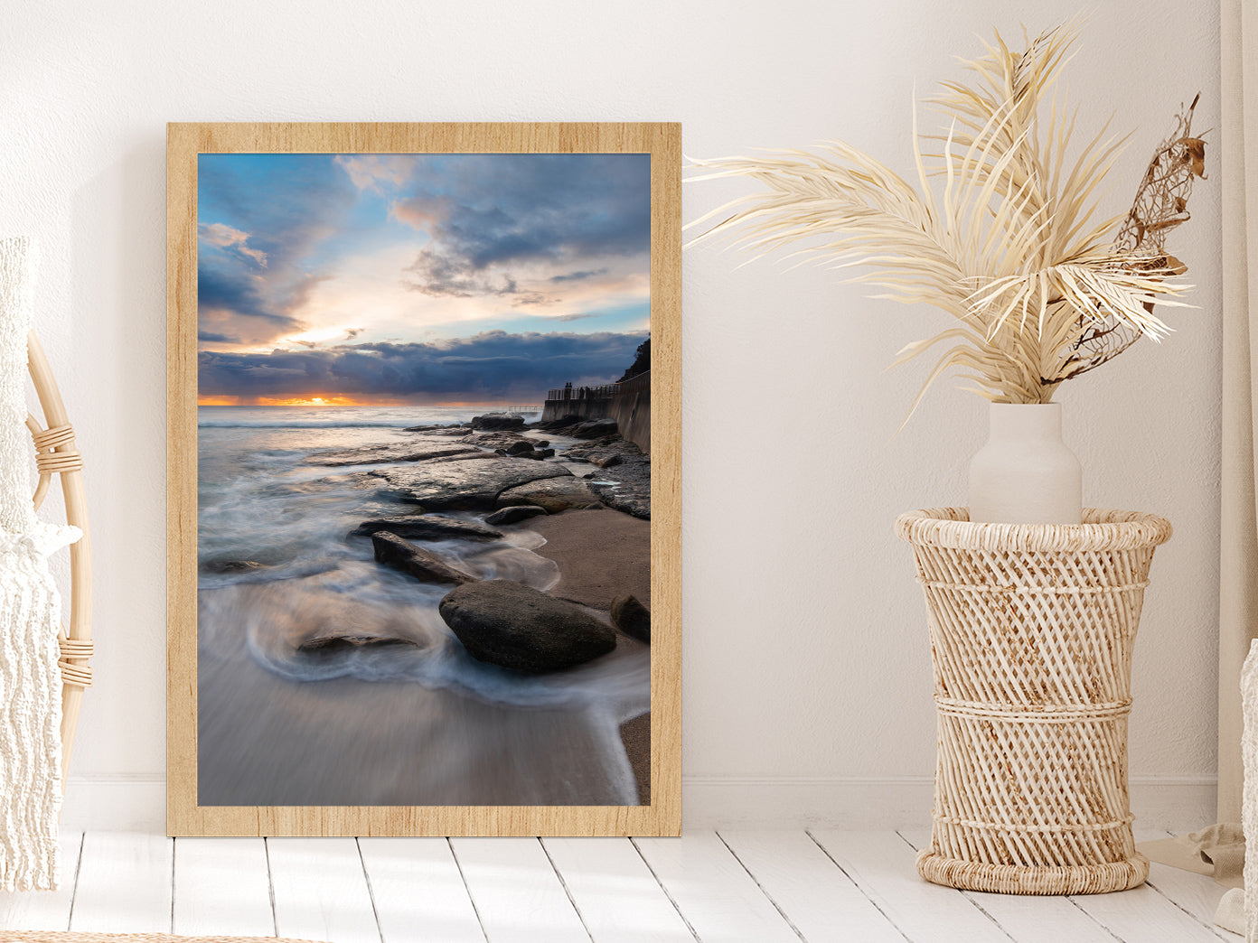 Sea Coastal & Rocks with Cloudy Sky View Photograph Glass Framed Wall Art, Ready to Hang Quality Print Without White Border Oak