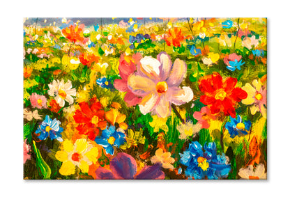 Colorful Wildflowers In Green Grass Oil Painting Wall Art Limited Edition High Quality Print Stretched Canvas None