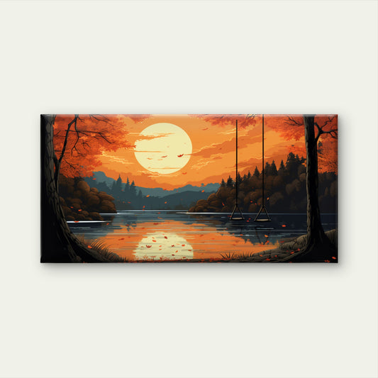 Cozy Autumn Sunset Lake Tree Swing Wall Art Canvas Office Home Framed 120x60cm