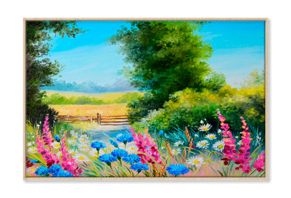 Field With Flowers & Forest Abstract Drawing Limited Edition High Quality Print Canvas Box Framed Natural