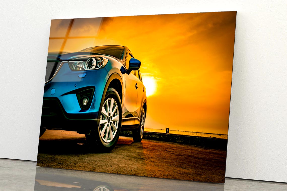 Blue Mazda SUV Parked on A Beach Acrylic Glass Print Tempered Glass Wall Art 100% Made in Australia Ready to Hang