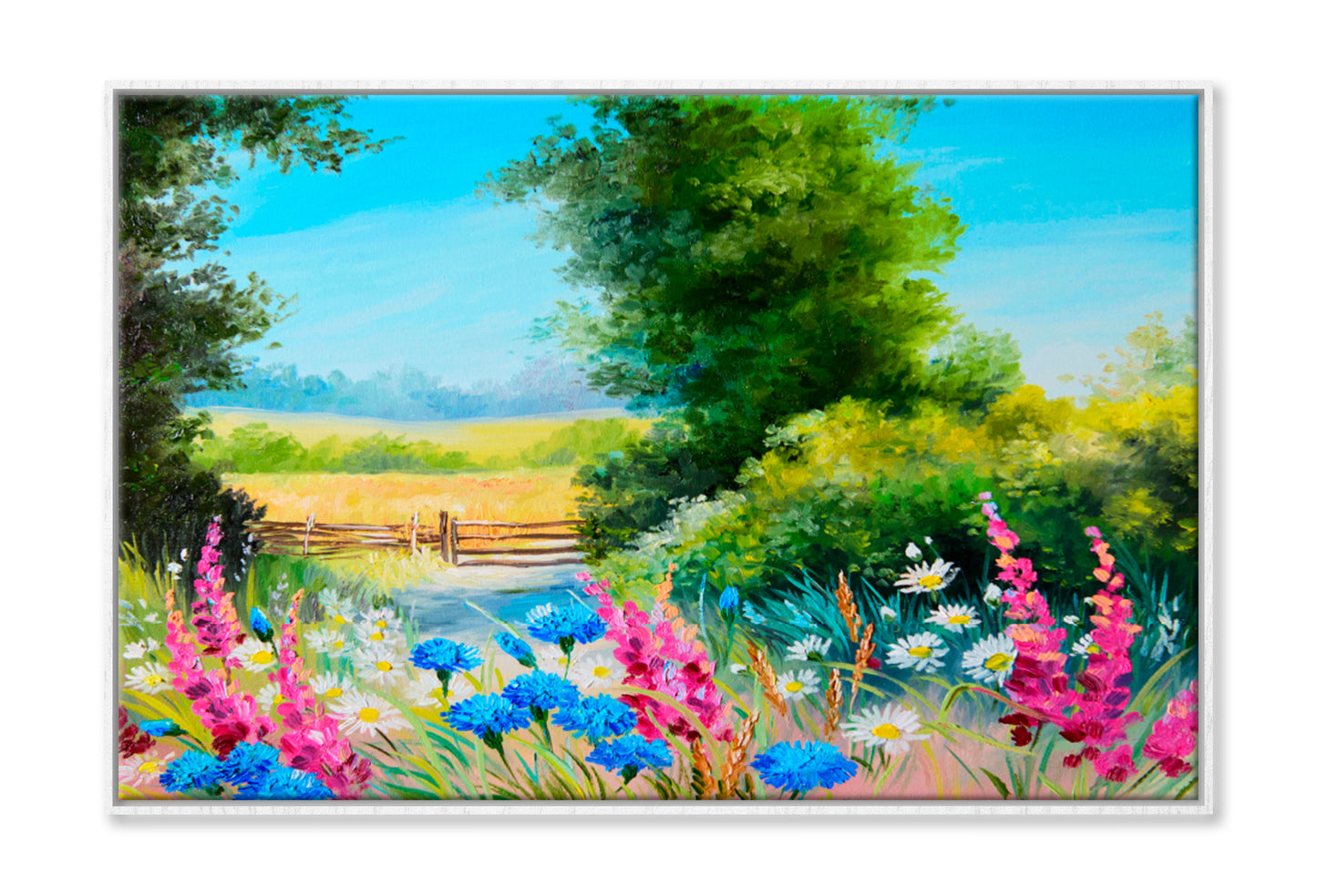 Field With Flowers & Forest Abstract Drawing Limited Edition High Quality Print Canvas Box Framed White