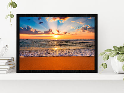 Colorful Ocean Beach Sunrise Glass Framed Wall Art, Ready to Hang Quality Print Without White Border Black