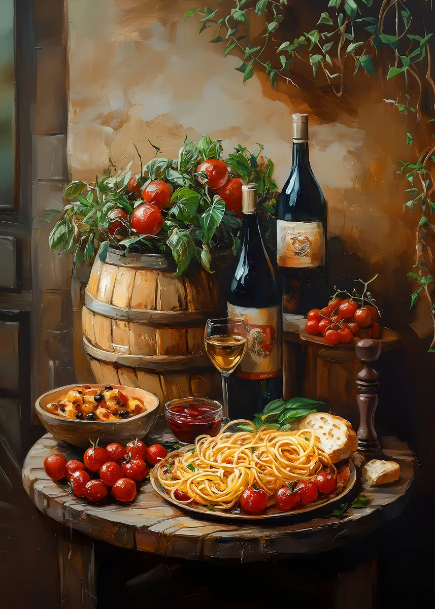 Tuscan Pasta and Red Wine 40x60cm Metal Print Ready to Hang - Bella Home Decor