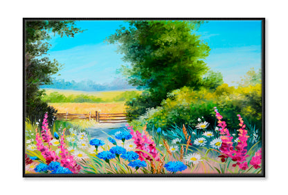 Field With Flowers & Forest Abstract Drawing Limited Edition High Quality Print Canvas Box Framed Black