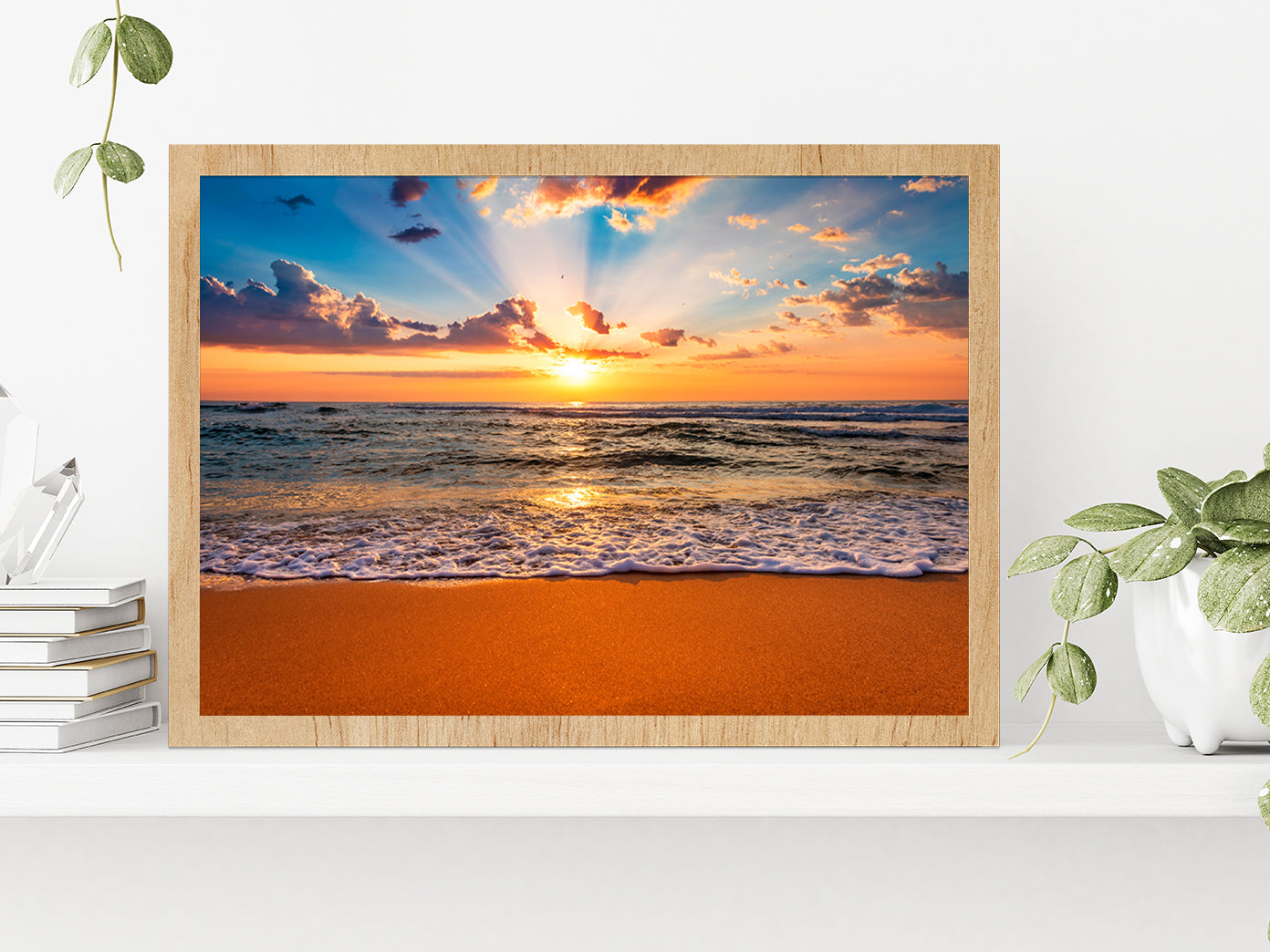 Colorful Ocean Beach Sunrise Glass Framed Wall Art, Ready to Hang Quality Print Without White Border Oak