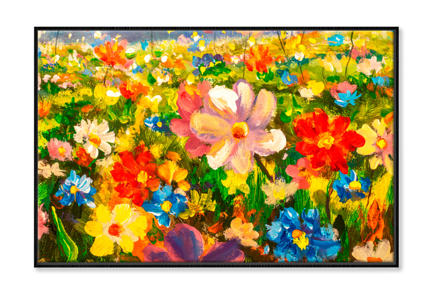 Colorful Wildflowers In Green Grass Oil Painting Wall Art Limited Edition High Quality Print Canvas Box Framed Black