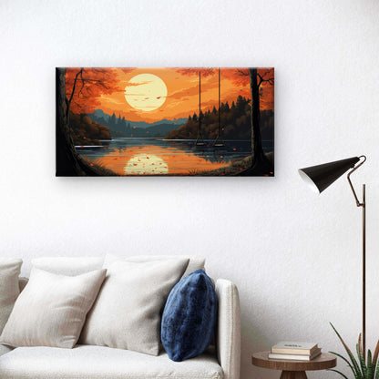 Cozy Autumn Sunset Lake Tree Swing Wall Art Canvas Office Home Framed 120x60cm
