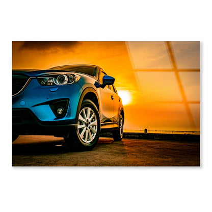 Blue Mazda SUV Parked on A Beach Acrylic Glass Print Tempered Glass Wall Art 100% Made in Australia Ready to Hang