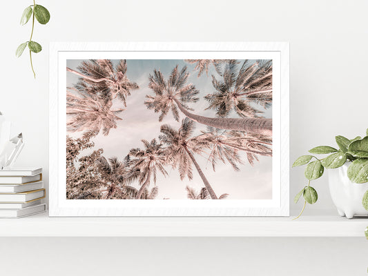 Palm Trees Below View Sunset Sky Faded Photograph Glass Framed Wall Art, Ready to Hang Quality Print With White Border White