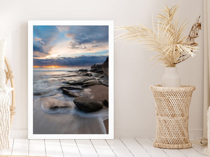 Sea Coastal & Rocks with Cloudy Sky View Photograph Glass Framed Wall Art, Ready to Hang Quality Print Without White Border White