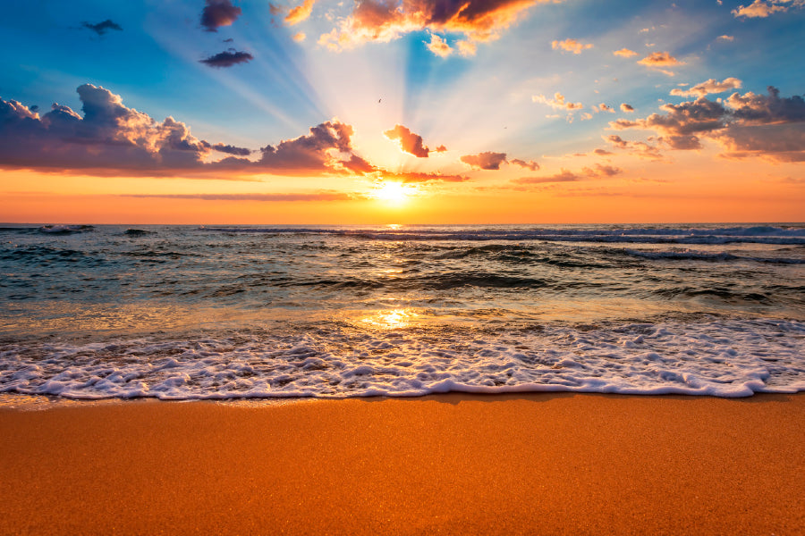 Colorful Ocean Beach Sunrise Glass Framed Wall Art, Ready to Hang Quality Print